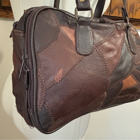 Vintage 90s Brown Leather Patchwork Shoulder Bag | Retro Boho Shoulder Tote - Picture 2 of 10